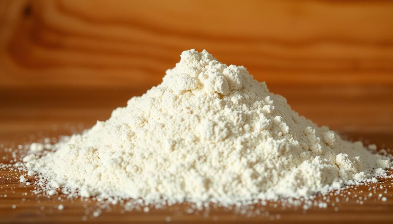 A close-up shot of a mound of finely ground, ivory-colored almond flour (farina di mandorle) against a warm, rustic wooden background. The flour has a delicate, velvety texture, with occasional flecks of almond skin visible. Soft, directional lighting casts gentle shadows, highlighting the powder's fine, powdery consistency. The image conveys the pure, natural essence of this traditional Italian baking ingredient, ready to be incorporated into decadent, sugar-free desserts. A close-up shot of a mound of finely ground, ivory-colored almond flour (farina di mandorle) against a warm, rustic wooden background. The flour has a delicate, velvety texture, with occasional flecks of almond skin visible. Soft, directional lighting casts gentle shadows, highlighting the powder's fine, powdery consistency. The image conveys the pure, natural essence of this traditional Italian baking ingredient, ready to be incorporated into decadent, sugar-free desserts.