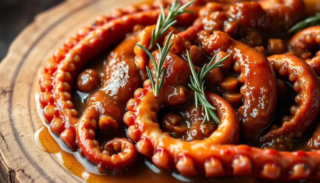 A close-up shot of a perfectly cooked octopus dish, known as "Polpo alla Garganica", a traditional Abruzzese seafood delicacy. The tender, glistening octopus tentacles are arranged artfully on a rustic wooden platter, their vibrant reddish-pink hues complemented by the rich, dark brown of the savory, slow-simmered sauce. Garnished with fresh sprigs of rosemary and a drizzle of golden olive oil, the scene evokes the rugged coastal charm of the Gargano peninsula. Soft, even lighting casts a warm, inviting glow, highlighting the dish's sumptuous textures and flavors, ready to be savored.