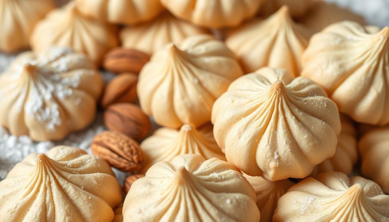 A close-up shot of a pile of homemade amaretti cookies, made without any added sugar. The cookies are lightly browned on the outside, with a soft and chewy interior. The foreground features the delicate, crinkled surface of the amaretti, highlighting the almond-based dough and the perfect meringue-like texture. In the middle ground, a scattering of whole almonds and a dusting of powdered sugar add visual interest and depth. The background is softly blurred, allowing the focus to remain on the delectable amaretti. The lighting is soft and natural, accentuating the warm, rustic tones of the cookies. The overall mood is one of simplicity, purity, and the essence of traditional Italian baking.