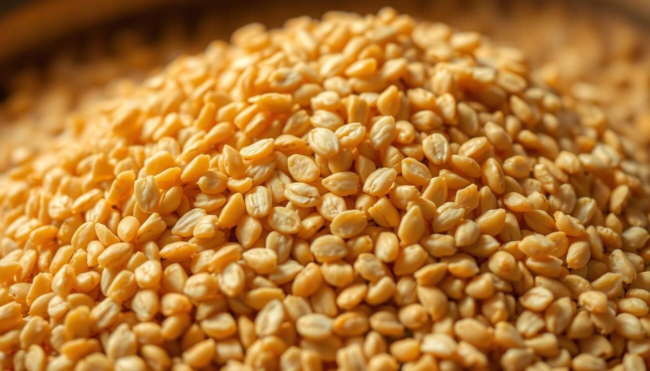 A close-up shot of a pile of malto orzo, the essential grain used in brewing beer. The malto orzo kernels are golden-brown in color, with a subtle sheen and a textured, almost cracked surface. The lighting is soft and diffused, casting gentle shadows that accentuate the grains' rich, earthy tones. The background is blurred, placing the focus squarely on the malto orzo, which occupies the majority of the frame. The overall mood is one of natural, artisanal craftsmanship, hinting at the crucial role this ingredient plays in shaping the body and flavor profile of the final beer.