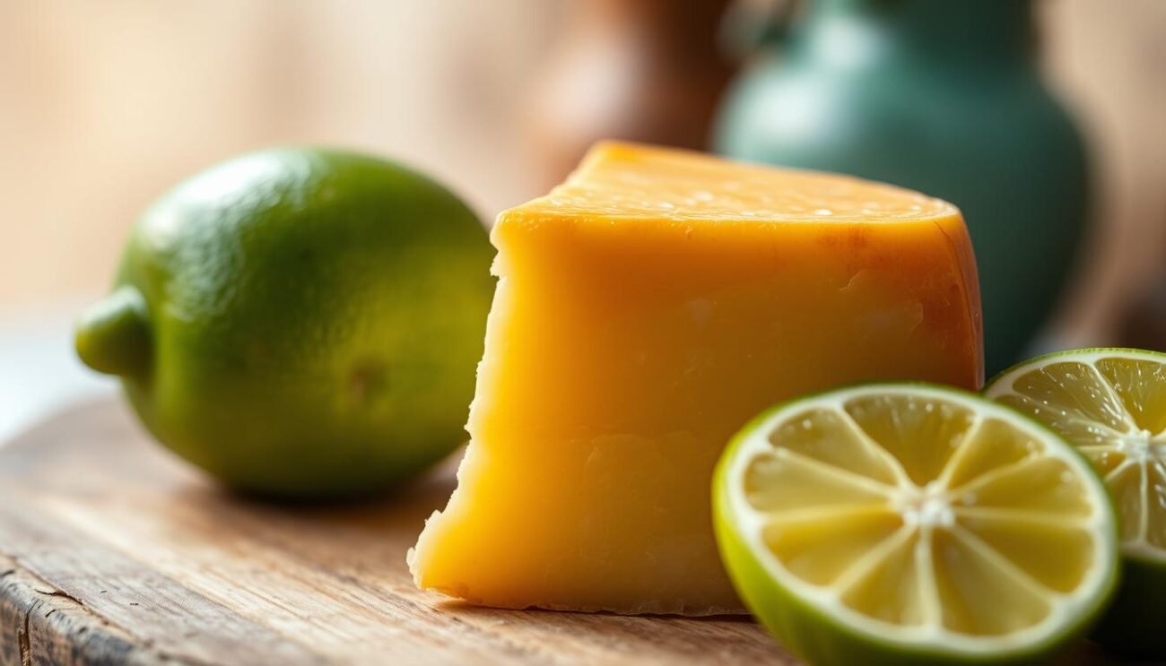 A close-up shot of a slice of Provola dei Nebrodi cheese, a traditional smoked cheese from Sicily, accompanied by a vibrant green lemon. The cheese has a golden-brown rind and a soft, creamy interior, while the lemon provides a striking contrast with its vivid green hue. The image is shot in soft, natural lighting that accentuates the texture and colors of the subjects. The composition places the cheese and lemon in the foreground, with a blurred, out-of-focus background that suggests a rustic, Italian setting. The overall mood is one of rustic simplicity and artisanal craftsmanship, capturing the essence of this unique Sicilian specialty. A close-up shot of a slice of Provola dei Nebrodi cheese, a traditional smoked cheese from Sicily, accompanied by a vibrant green lemon. The cheese has a golden-brown rind and a soft, creamy interior, while the lemon provides a striking contrast with its vivid green hue. The image is shot in soft, natural lighting that accentuates the texture and colors of the subjects. The composition places the cheese and lemon in the foreground, with a blurred, out-of-focus background that suggests a rustic, Italian setting. The overall mood is one of rustic simplicity and artisanal craftsmanship, capturing the essence of this unique Sicilian specialty.