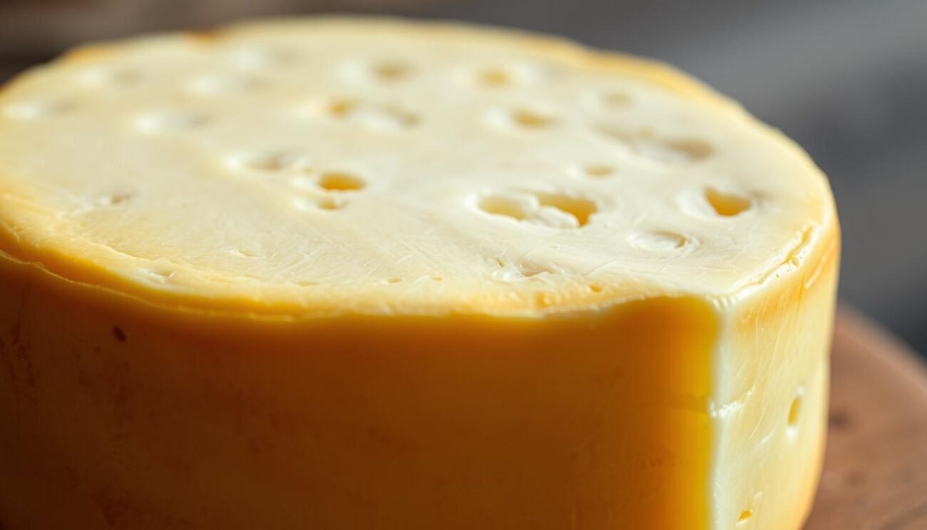A close-up shot of a wedge of artisanal Nostrano Valtrompia cheese, its firm yet creamy texture illuminated by soft, natural lighting. The rich, golden rind contrasts with the pale, supple interior, revealing the cheese's distinctive marbling. The image captures the complex interplay of flavors and aromas that define this traditional Italian variety, meticulously crafted in the rolling hills of the Valtrompia region. A sense of artisanal authenticity and regional terroir pervades the scene, inviting the viewer to savor the cheese's unique physicochemical properties.