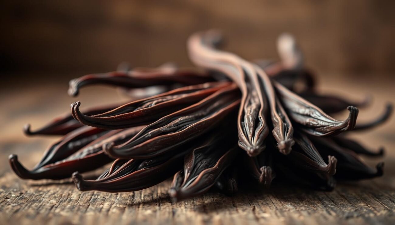 A close-up shot of freshly harvested vanilla bean pods, or "baccelli vaniglia" in Italian, resting on a rustic wooden surface. The pods have a rich, glossy brown hue and their distinctive ridges and split seams reveal the precious vanilla seeds within. Soft, diffused lighting from the side creates a warm, inviting atmosphere, highlighting the natural textures and drawing the viewer's attention to the artisanal qualities of these precious ingredients. The image conveys the essence of traditional Italian pastry-making, where vanilla is a cherished flavor to be savored and showcased in all its glory.