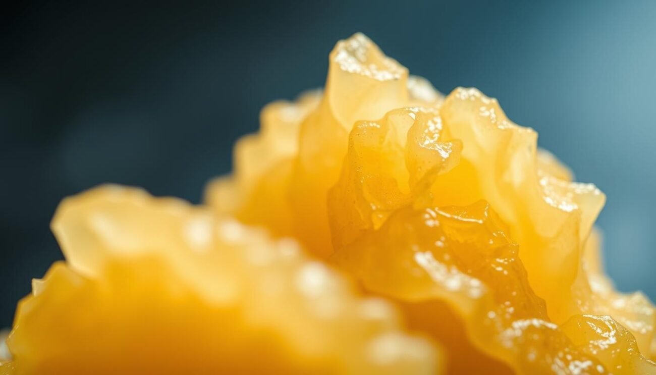 A close-up shot of natural pectina, a complex carbohydrate extracted from fruit peels and pulp. The pectina appears translucent and jelly-like, with a soft, delicate texture. The image is sharply focused, with a shallow depth of field to emphasize the intricate structure of the pectina. The lighting is soft and diffused, creating a warm, natural glow that enhances the organic nature of the subject. The background is blurred, placing the pectina at the center of attention. The overall mood is one of simplicity, purity, and the essential role pectina plays in traditional Italian jam-making.