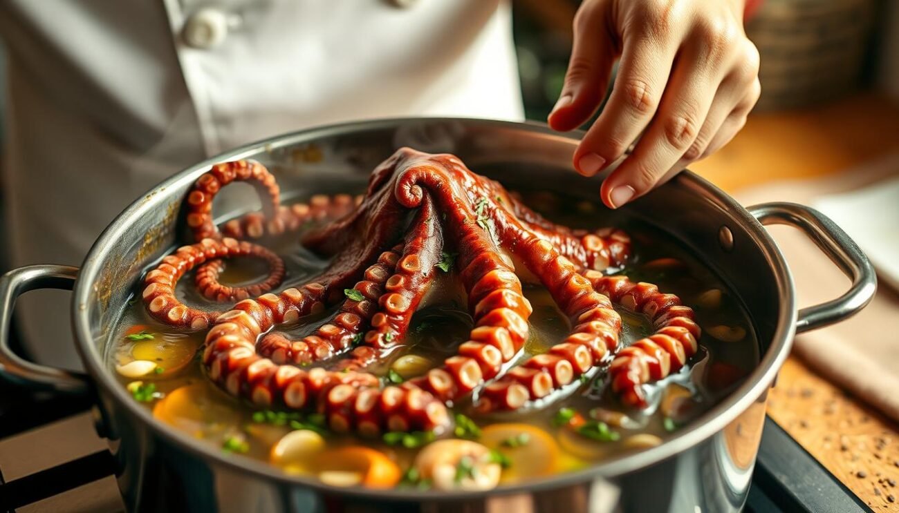 A close-up view of a skilled chef gently simmering a large, freshly caught octopus in a simmering pot filled with fragrant Mediterranean herbs, garlic, and olive oil. The octopus' tentacles slowly curl and sway as the chef carefully tends to the pot, capturing the essence of traditional Abruzzese seafood preparation. Soft, warm lighting illuminates the scene, creating a cozy, homey atmosphere. The overall composition emphasizes the care and craftsmanship involved in preparing this iconic Italian dish.