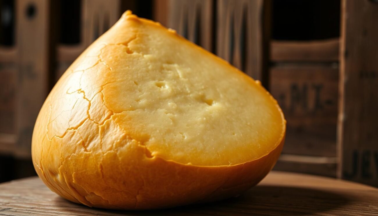 A close-up view of a traditional Caciocavallo Palermitano cheese, its golden-brown rind glistening under warm, soft lighting. The cheese's distinctive pear shape and smooth, supple texture are evident, hinting at the rich, intensely flavorful interior. The background features a rustic Italian setting, with weathered wooden shelves or crates, complementing the artisanal nature of this Sicilian specialty. The overall composition evokes a sense of history, tradition, and the culinary heritage of the region.