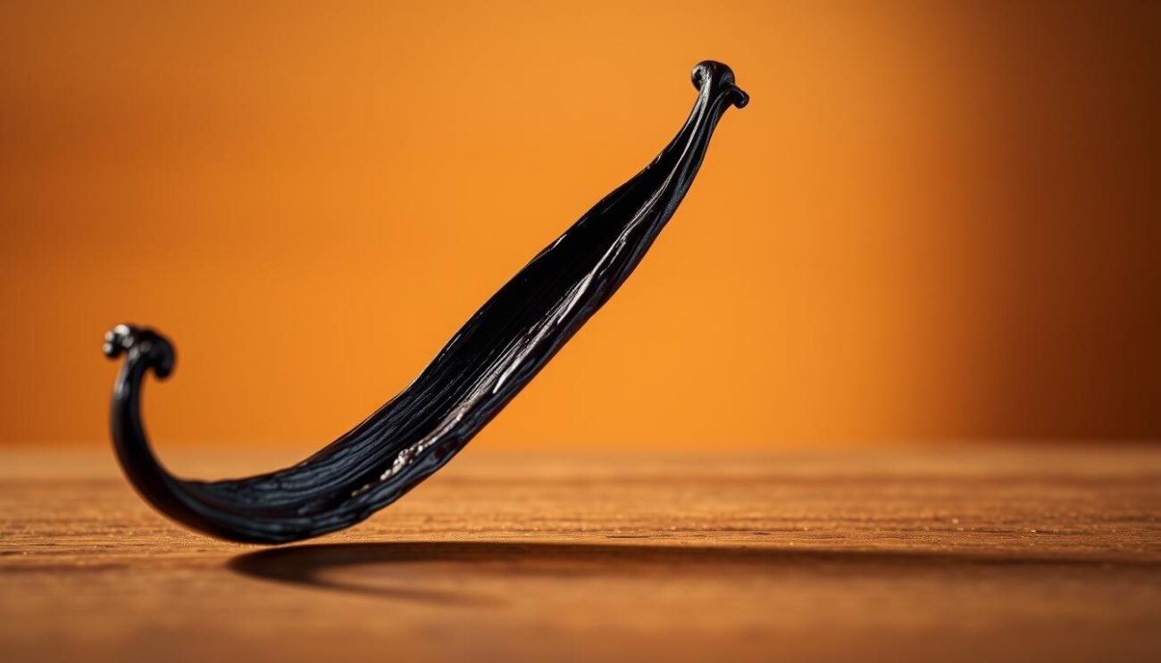 A close-up view of a vanilla bean pod, or "baccello di vaniglia", resting on a wooden surface. The pod's slender, elegantly curved form is highlighted by soft, directional lighting, casting subtle shadows that accentuate its natural texture and striations. The background is a warm, earthy tone, creating a harmonious, artisanal atmosphere that complements the organic simplicity of the subject. The image captures the essence of the vanilla bean, inviting the viewer to appreciate its beauty and the culinary possibilities it represents.