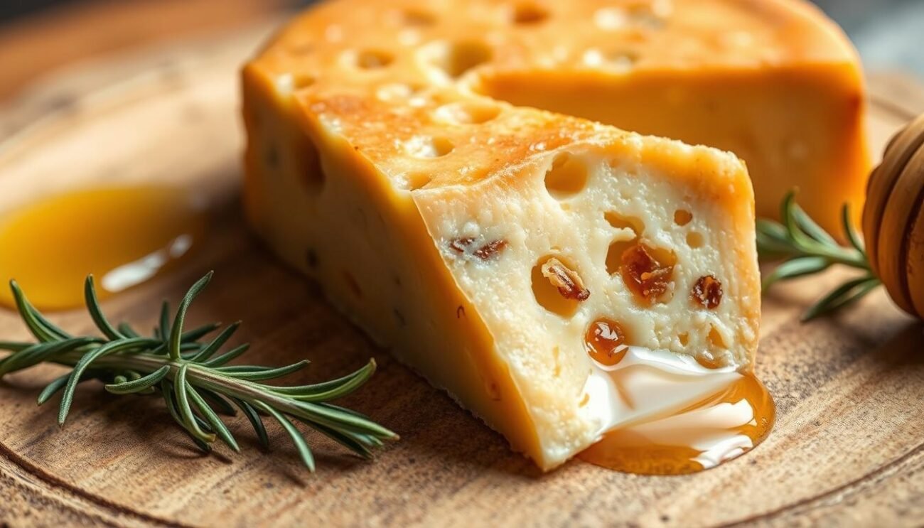 A closeup shot of a delectable slice of Provola dei Nebrodi cheese, its golden-brown rind glistening under soft, natural lighting. The interior reveals a creamy, slightly grainy texture with pockets of smoky, nutty flavors. The cheese rests atop a rustic wooden board, complemented by a sprig of fresh rosemary and a drizzle of golden honey, evoking the rich, artisanal qualities of this traditional Sicilian specialty. The overall composition suggests a sense of simple elegance and appreciation for the craftsmanship behind this DOP-protected cheese. A closeup shot of a delectable slice of Provola dei Nebrodi cheese, its golden-brown rind glistening under soft, natural lighting. The interior reveals a creamy, slightly grainy texture with pockets of smoky, nutty flavors. The cheese rests atop a rustic wooden board, complemented by a sprig of fresh rosemary and a drizzle of golden honey, evoking the rich, artisanal qualities of this traditional Sicilian specialty. The overall composition suggests a sense of simple elegance and appreciation for the craftsmanship behind this DOP-protected cheese.