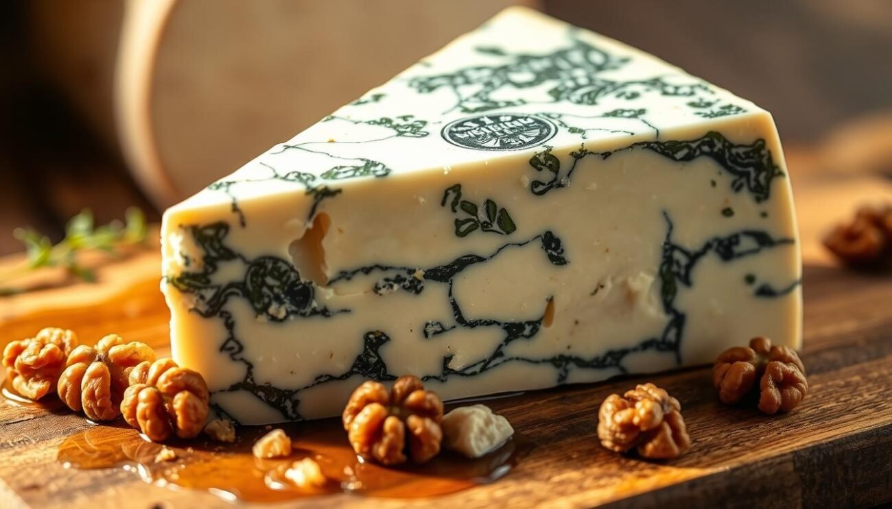 A closeup shot of a wedge of Gorgonzola cheese, its marbled blue-green veins peeking through the soft, creamy texture. The cheese sits on a rustic wooden cutting board, surrounded by a sprinkling of walnuts and a drizzle of honey, evoking the flavors and traditions of the Gorgonzola region. The lighting is warm and natural, casting a soft glow on the scene. The camera angle is slightly elevated, highlighting the artisanal craftsmanship and the rich history of this iconic Italian cheese.