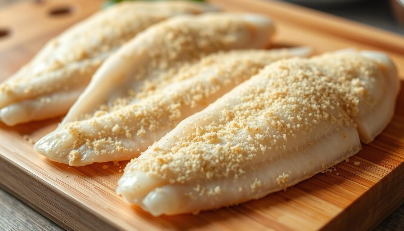 A closeup view of several breaded sole fillets (sogliole infarinate) resting on a wooden cutting board. The fillets are lightly dusted in a fine, golden-brown breading, giving them a crisp, appetizing texture. The lighting is soft and warm, highlighting the delicate flesh and bringing out the rich, buttery color of the breading. The background is blurred, keeping the focus solely on the carefully prepared sole fillets, ready to be pan-fried and served as part of a traditional Emilia-Romagna dish. The overall mood is one of anticipation and mouthwatering appeal.