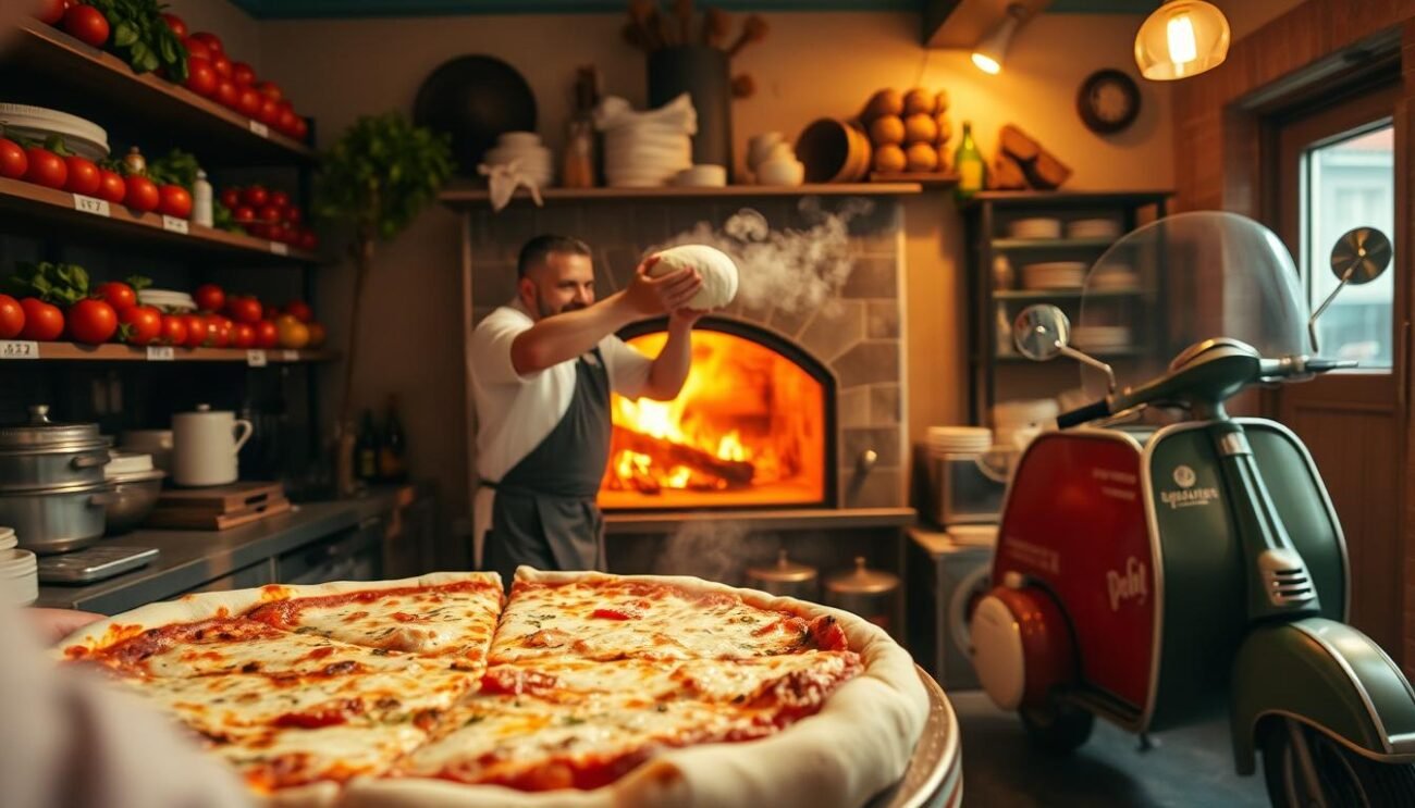 A cozy Italian kitchen with a wood-fired oven at its center, steam rising from a freshly baked pizza. In the foreground, a chef deftly tosses dough, his movements practiced and precise. Shelves of tomatoes, basil, and other fresh ingredients line the walls, casting warm, golden light across the scene. In the background, a vintage delivery scooter, its red paint faded, waits to transport this pizza to a hungry customer's doorstep, a testament to the humble beginnings of pizza delivery. The atmosphere is one of tradition, passion, and the evolution of a beloved culinary icon.