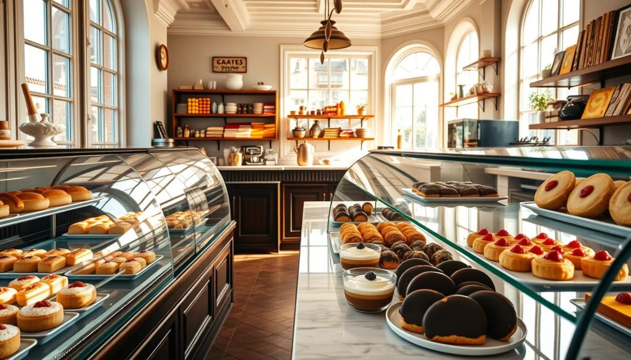 A cozy Italian pasticceria, bathed in warm afternoon light streaming through large windows. Rows of gleaming glass display cases showcase an array of delicate pastries - flaky croissants, rich tiramisu, vibrant fruit tarts, and decadent chocolate-dipped biscotti. The air is scented with the comforting aroma of freshly baked goods and fragrant espresso. In the background, a marble-topped counter and wooden shelves laden with colorful confections create a timeless, artisanal atmosphere. A sense of balance between tradition and innovation permeates the scene, as classic recipes are elevated with modern presentation and techniques.