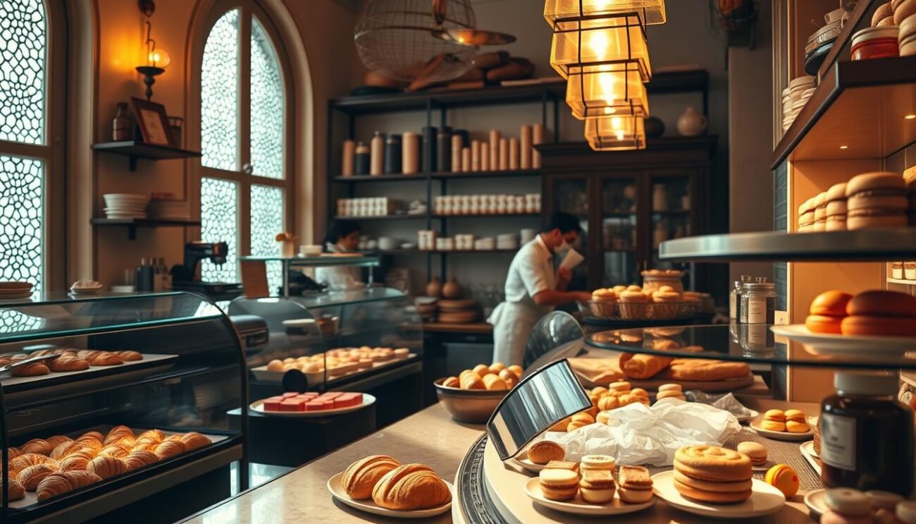 A cozy Italian pasticceria, bathed in warm, golden light filtering through lace-patterned windows. Gleaming glass display cases showcase an array of delicate pastries - flaky croissants, rich tiramisu, and colorful macarons. The countertop is lined with jars of seasonal preserves and artisanal chocolates, while the air is infused with the tantalizing aroma of freshly baked breads and espresso. Behind the counter, skilled pâtissiers expertly craft each confection with care and precision, their movements a choreographed dance. A sense of timeless tradition and artisanal craftsmanship pervades the scene, reflecting the evolution of Italian pastry-making through the industrial revolution.