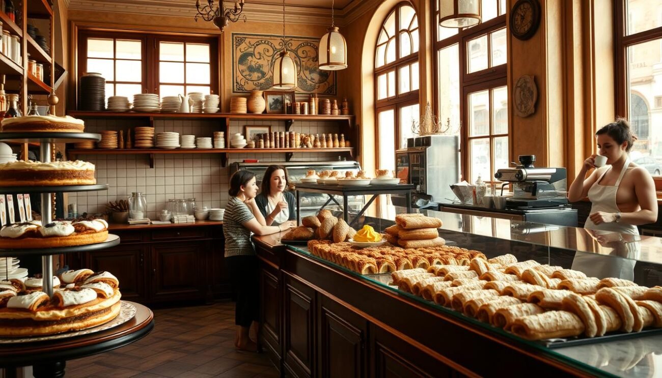 A cozy Italian pasticceria in the early 1900s, warm light spilling through large windows onto a display of traditional pastries. Tiered cakes, flaky croissants, and delicate cannoli arranged with care, their colors and textures inviting. In the background, a tile-lined counter and antique wooden shelves hold an array of baked goods, their scents mingling with the aroma of freshly brewed espresso. A few patrons sip their drinks, immersed in lively conversation, as a barista in a crisp white apron moves behind the counter. The atmosphere is one of timeless elegance and the enduring legacy of Italian baking traditions.
