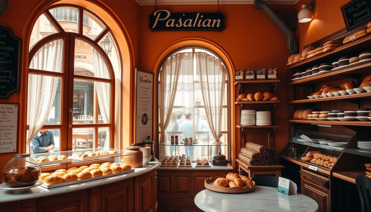 A cozy Italian pasticceria, its facade adorned with warm ochre tones and quaint signage. Through the arched windows, glimpse the inviting display of glistening pastries and rustic breads. Inside, the aroma of freshly baked croissants and espresso mingles with the gentle hum of conversation. Soft natural light filters through lace curtains, casting a mellow glow on the marble countertops and vintage furniture. Wooden shelves showcase an array of regional delicacies, from flaky sfogliatelle to dense, chocolatey torta caprese. This scene captures the timeless elegance and cultural heritage of Italian pastry-making, a testament to the nation's enduring culinary artistry.