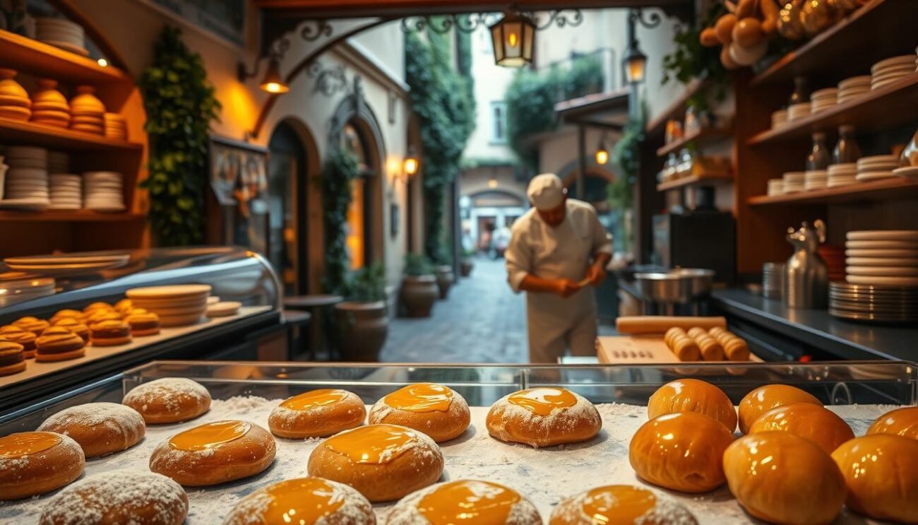 A cozy Italian pasticceria with a warm, rustic ambiance. In the foreground, a display case showcases an array of decadent pastries and confections, their surfaces glistening with a sheen of golden honey. In the middle ground, a skilled pastry chef expertly works the dough, kneading and shaping it with practiced hands. The background features a charming Italian street scene, with cobblestone walkways, ivy-covered walls, and a glimpse of a quaint piazza. The lighting is soft and diffused, casting a gentle glow over the scene, evoking a sense of timeless elegance. The overall atmosphere is one of craftsmanship, tradition, and the rich, complex flavors of Italian honey in classic pastry recipes.