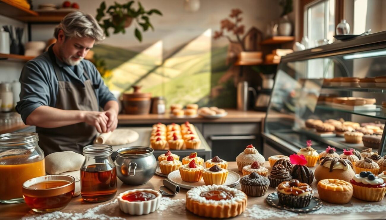 A cozy Italian pastry kitchen, sun-dappled and warm, showcases an array of delectable sugar-free desserts. In the foreground, a skilled patissier expertly manipulates dough, kneading and shaping it with practiced hands. Arrayed before them, an assortment of natural sweeteners - honey, maple syrup, date puree - wait to be incorporated into the recipes. In the middle ground, a gleaming display case holds an enticing selection of mini tarts, cakes, and confections, each one a testament to the pastry chef's mastery of sugar-free techniques. The background features a mural of lush Italian landscapes, hinting at the tradition and terroir that inspire these healthful, flavorful creations. The lighting is soft and golden, evoking the inviting ambiance of a cozy neighborhood pasticceria.
