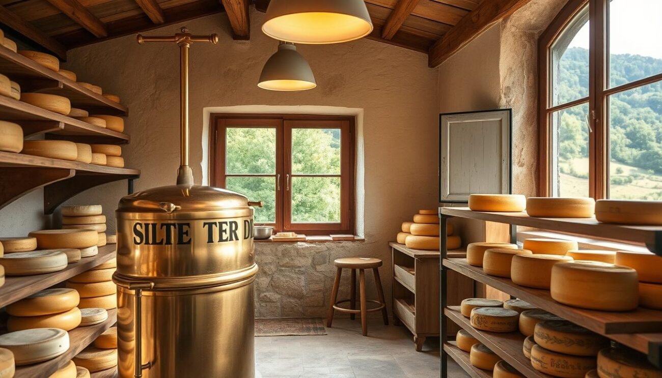 A cozy cheesemaking workshop nestled in the rolling hills of the Brescia valleys. The Silter DOP cheese press stands proudly in the foreground, its polished brass gleaming under the warm glow of overhead lighting. Artisanal cheeses rest on wooden shelves, their distinct shapes and textures hinting at the care and tradition that goes into their production. In the background, a large window offers a glimpse of the lush, verdant landscape outside, connecting the timeless craft of cheesemaking to the natural world that sustains it. The scene conveys a sense of heritage, quality, and the enduring spirit of Italian culinary traditions.