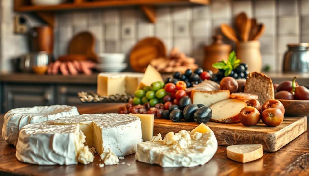 A cozy kitchen counter, adorned with an array of artisanal Italian cheeses, awaits the discerning gourmand. Soft, creamy brie nestled alongside pungent pecorino, with crumbling gorgonzola and nutty parmesan in the foreground. In the middle ground, a wooden board showcases cured meats, crusty bread, and a vibrant array of olives, grapes, and figs, inviting the viewer to savor the flavors of the Italian countryside. The scene is bathed in warm, golden light, casting a comforting glow and conveying a sense of rustic elegance. The overall atmosphere evokes the charm and tradition of a quaint Italian borgo, where the art of cheese-making and culinary delights are celebrated with passion and care.