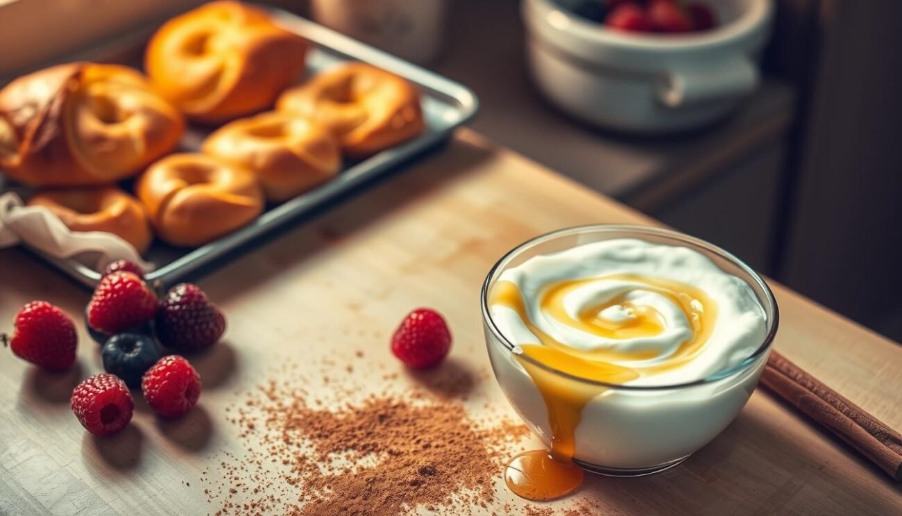A cozy kitchen counter, bathed in warm, soft lighting. On the surface, a bowl of creamy, lush yogurt, swirled with ribbons of honey. Beside it, a dusting of cinnamon and a sprinkling of plump, juicy berries. In the background, a tray of freshly baked pastries, their golden crusts glistening. The scene emanates a sense of homey comfort and culinary delight, inviting the viewer to imagine the delicious ways yogurt can be incorporated into delectable desserts. A cozy kitchen counter, bathed in warm, soft lighting. On the surface, a bowl of creamy, lush yogurt, swirled with ribbons of honey. Beside it, a dusting of cinnamon and a sprinkling of plump, juicy berries. In the background, a tray of freshly baked pastries, their golden crusts glistening. The scene emanates a sense of homey comfort and culinary delight, inviting the viewer to imagine the delicious ways yogurt can be incorporated into delectable desserts.