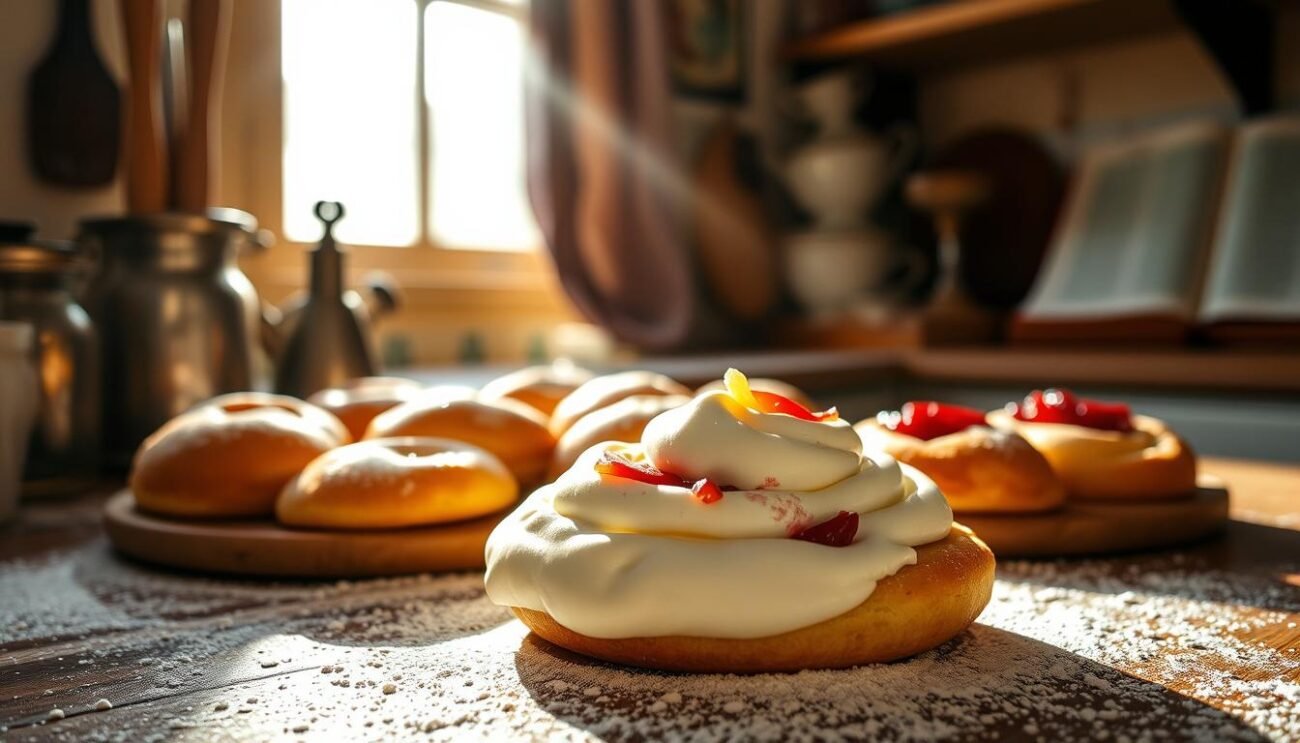 A cozy kitchen counter, dusted with flour, holds a tempting display of homemade pastries. At the center, a rich, creamy yogurt-based dessert takes center stage, its soft, pillowy texture and delicate swirls of fruit compote inviting the viewer to indulge. Sunlight streams in through a nearby window, casting a warm, golden glow over the scene. In the background, glimpses of vintage baking utensils and a well-worn cookbook add to the homespun, artisanal feel. The overall impression is one of comfort, care, and the joys of baking with healthful, natural ingredients. A cozy kitchen counter, dusted with flour, holds a tempting display of homemade pastries. At the center, a rich, creamy yogurt-based dessert takes center stage, its soft, pillowy texture and delicate swirls of fruit compote inviting the viewer to indulge. Sunlight streams in through a nearby window, casting a warm, golden glow over the scene. In the background, glimpses of vintage baking utensils and a well-worn cookbook add to the homespun, artisanal feel. The overall impression is one of comfort, care, and the joys of baking with healthful, natural ingredients.