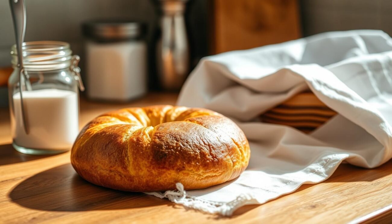 A cozy kitchen counter with a freshly baked pandoro nestled in the center, its golden crust glistening under warm, natural lighting. Nearby, a glass jar filled with sugar-free sweeteners and a clean, white cloth await to showcase the pandoro's storage. The scene conveys a sense of domestic tranquility, inviting the viewer to imagine the pandoro's enduring freshness through thoughtful preservation techniques. The composition is balanced, with subtle shadows and highlights accentuating the textures and shapes of the elements. An atmosphere of rustic elegance pervades the image, reflecting the care and attention required to maintain the pandoro's quality without the use of added sugars. A cozy kitchen counter with a freshly baked pandoro nestled in the center, its golden crust glistening under warm, natural lighting. Nearby, a glass jar filled with sugar-free sweeteners and a clean, white cloth await to showcase the pandoro's storage. The scene conveys a sense of domestic tranquility, inviting the viewer to imagine the pandoro's enduring freshness through thoughtful preservation techniques. The composition is balanced, with subtle shadows and highlights accentuating the textures and shapes of the elements. An atmosphere of rustic elegance pervades the image, reflecting the care and attention required to maintain the pandoro's quality without the use of added sugars.