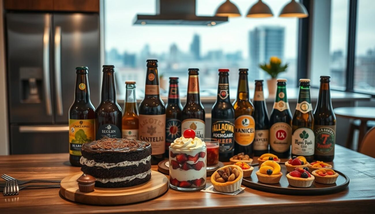 A cozy kitchen scene featuring an assortment of beer bottles and desserts. In the foreground, a wooden table is set with a variety of tempting sweets - a rich chocolate cake, a creamy tiramisu, and an assortment of seasonal fruit tarts. Alongside the desserts, several craft beer bottles in various colors and styles are arranged, their labels prominently displayed. The middle ground showcases a sleek, modern kitchen with stainless steel appliances and warm, rustic accents. Soft, ambient lighting casts a welcoming glow over the scene, while the background features a blurred cityscape visible through a large window, hinting at the bustling urban setting. The overall atmosphere evokes a sense of sophisticated pairing, where the complex flavors of craft beer and gourmet desserts come together in a harmonious and indulgent experience.