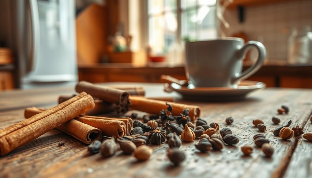 A cozy kitchen scene with a rustic wooden table, adorned with an array of sweet spices. In the foreground, delicate cinnamon sticks, fragrant cardamom pods, and a scattering of whole cloves create a captivating still life. The middle ground features a steaming cup of aromatic tea or coffee, hinting at the soothing, comforting atmosphere. The background showcases a warm, softly lit space, with natural light filtering through a window, casting a gentle glow over the scene. The overall mood is one of simplicity, elegance, and the inviting aroma of baking and spices.