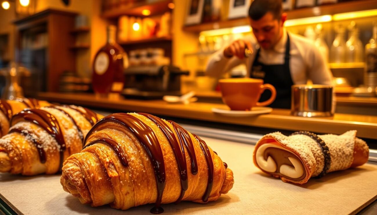 A cozy pasticceria in a quaint Italian town, the display case filled with decadent pastries infused with fragrant liqueurs. Warm lighting casts a golden glow, highlighting the glossy, tempting treats. In the foreground, a freshly baked croissant drizzled with a rich chocolate and amaretto glaze. Nearby, a delicate cannoli shell dusted with powdered sugar, its creamy filling spiked with a splash of fragrant Frangelico. In the background, a barista carefully pours a steaming cappuccino, the aroma of espresso and fragrant liqueur mingling in the air. The scene evokes the indulgent pleasure of Italian desserts elevated by the subtle, sophisticated flavors of premium liqueurs.