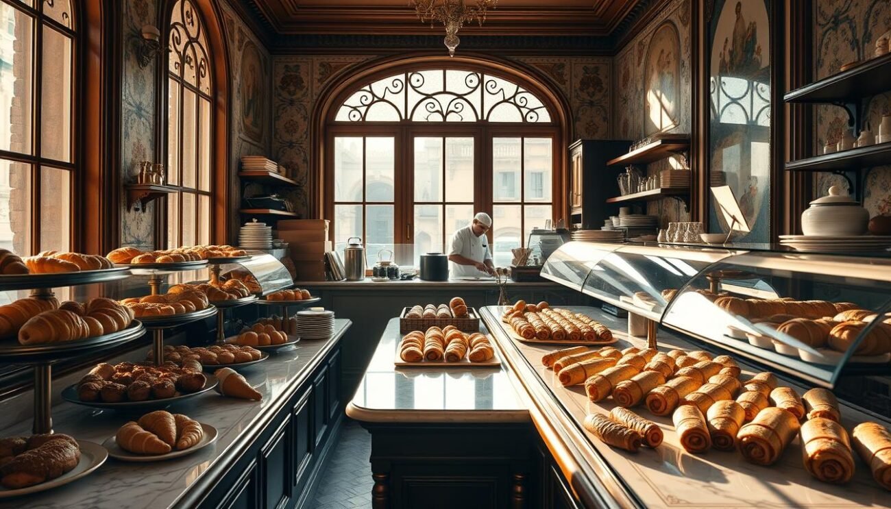 A cozy pasticceria in early 19th century Italy, with a warm, inviting ambiance. The counter is adorned with an array of delectable pastries, from flaky croissants to rich, creamy cannoli. Sunlight filters through the large windows, casting a golden glow on the marble tabletops and polished brass fittings. The walls are adorned with ornate, hand-painted tiles, reflecting the refined artistry of the era. In the background, a skilled pastry chef diligently works, carefully crafting the next culinary masterpiece. The scene exudes a sense of tradition, elegance, and the evolving mastery of Italian confectionary during the 1800s.