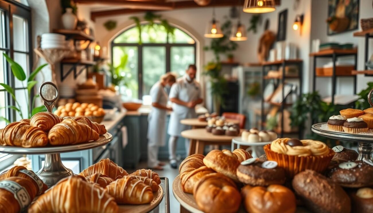 A cozy pasticceria nestled in the heart of Italy, showcasing a tempting array of sugar-free delights. In the foreground, a display of flaky croissants, moist muffins, and decadent cakes, all crafted with natural sweeteners and wholesome ingredients. The middle ground features a team of skilled bakers, meticulously measuring and mixing, their focus evident in the soft, warm lighting. In the background, a charming cafe setting with rustic wooden tables, lush greenery, and a welcoming ambiance, inviting patrons to indulge in a guilt-free moment of culinary bliss. The scene exudes a sense of balance, where health and flavor harmonize, dispelling the myth that sugar-free desserts must sacrifice taste.