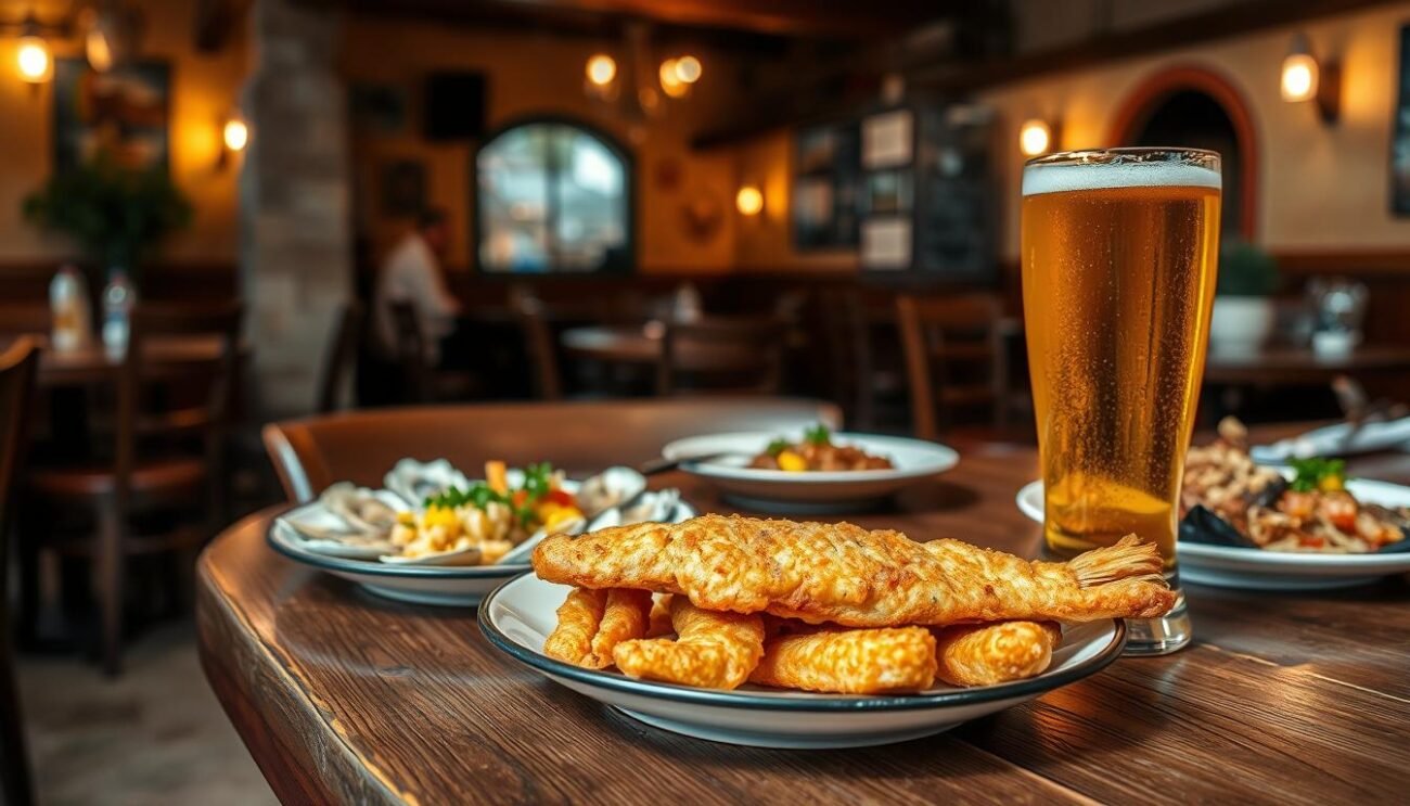 A cozy restaurant interior with warm lighting and a rustic, inviting atmosphere. In the foreground, a wooden table set with a plate of freshly fried fish, crispy golden-brown in texture, accompanied by a tall glass of golden-hued craft beer, its foam gently spilling over the rim. In the middle ground, additional plates of seafood dishes - perhaps a plate of raw oysters or a colorful ceviche - complement the main pairing, showcasing the versatility of beer and fish. The background features subtle hints of Italian décor, such as terracotta tiles or wrought-iron accents, hinting at the Mediterranean setting. The overall scene exudes a sense of culinary delight and the perfect pairing of flavors.