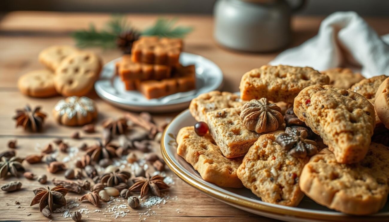 A cozy, rustic scene of homemade Italian Christmas sweets without sugar. In the foreground, an artfully arranged plate showcases an assortment of biscotti, panforte, and other traditional dolci natalizi, their warm, earthy tones and natural textures inviting the viewer to indulge. The middle ground features a scattering of whole spices, dried fruits, and nuts, hinting at the aromatic and healthful ingredients used. In the background, a wooden table or surface provides a simple, organic backdrop, perhaps with a glimpse of a festive holiday setting. Soft, natural lighting casts a gentle glow, creating a sense of warmth and comfort. The overall mood is one of wholesome, handcrafted indulgence, capturing the essence of a sugar-free Italian Christmas.
