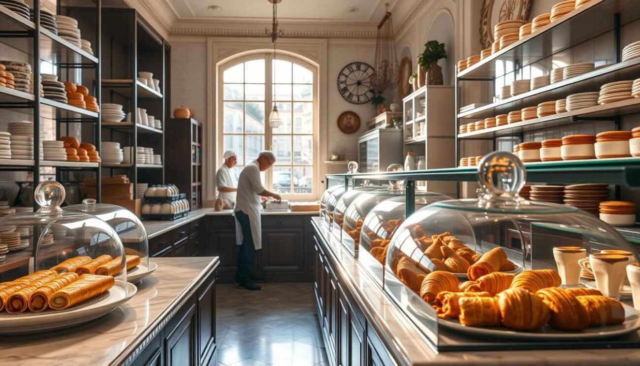 A cozy, well-lit pasticceria in the heart of Italy, its shelves brimming with freshly baked pastries and confections. The sunlight streams through large windows, casting a warm glow on the marble countertops and gleaming display cases. Elegant glass cloches protect delicate cannoli, flaky croissants, and decadent tiramisu, beckoning visitors to indulge. In the background, a team of skilled pastry chefs carefully crafts each delectable treat, their movements graceful and precise. The space exudes an air of refined sophistication, inviting patrons to savor the fruits of their labor and immerse themselves in the rich culinary tradition of Italy.