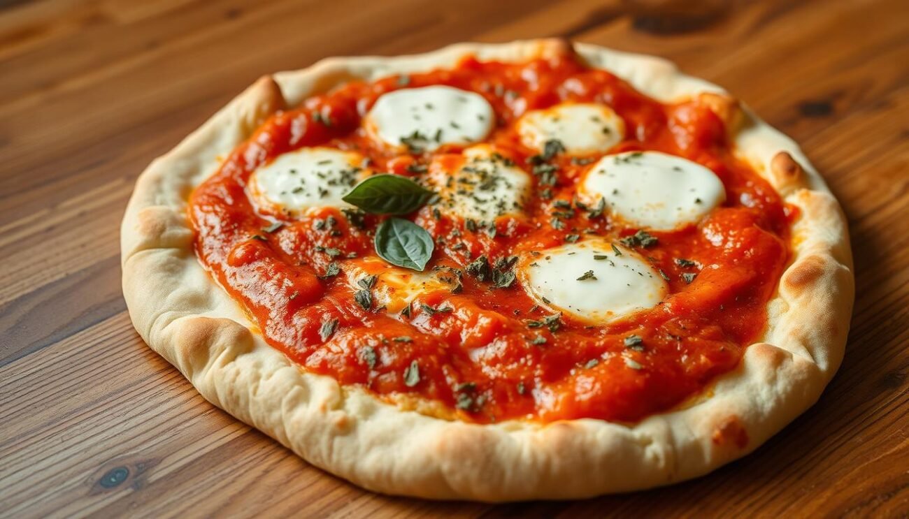 A crisp, golden-brown New York-style pizza crust, with a slightly charred edge, lies on a wooden table. The dough is thin and pliable, with a delicate yet chewy texture. Atop the crust, a vibrant tomato sauce glistens, its vivid red hue complemented by the fresh mozzarella cheese, which has melted into gooey, stringy perfection. Aromatic herbs, such as basil and oregano, are sprinkled across the surface, adding depth and complexity to the flavor. The overall scene is illuminated by warm, natural lighting, casting a cozy, inviting atmosphere that evokes the bustling streets of New York City.