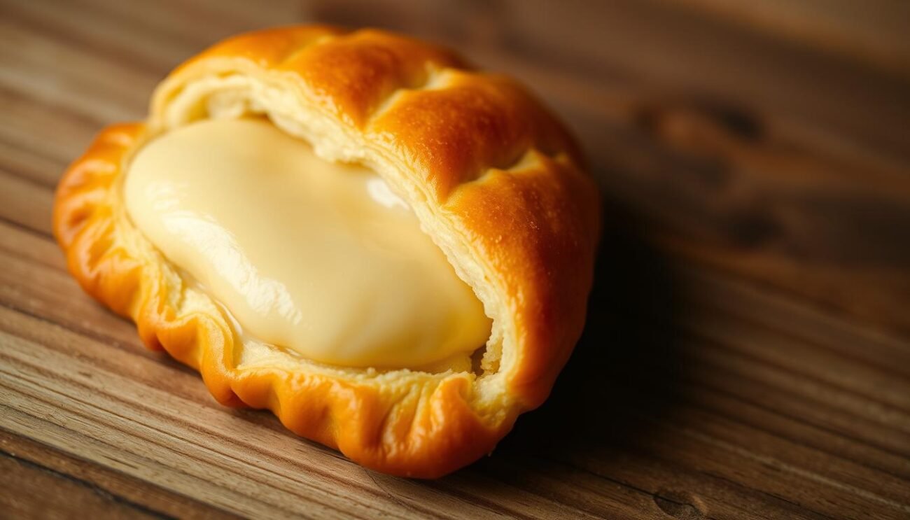A crisp, golden-brown sfoglia croccante (flaky pastry) rests on a wooden surface, its delicate layers glistening under the soft, natural lighting. The pastry's surface is evenly browned, with subtle variations in tone, conveying a sense of artisanal craftsmanship. The middle ground features a creamy, pale-yellow semolina filling, its smooth texture and natural sweetness inviting the viewer to imagine the rich, satisfying flavor. The background is blurred, allowing the sfoglia to take center stage, its crisp, flaky edges and the semolina filling the focal point of the composition.