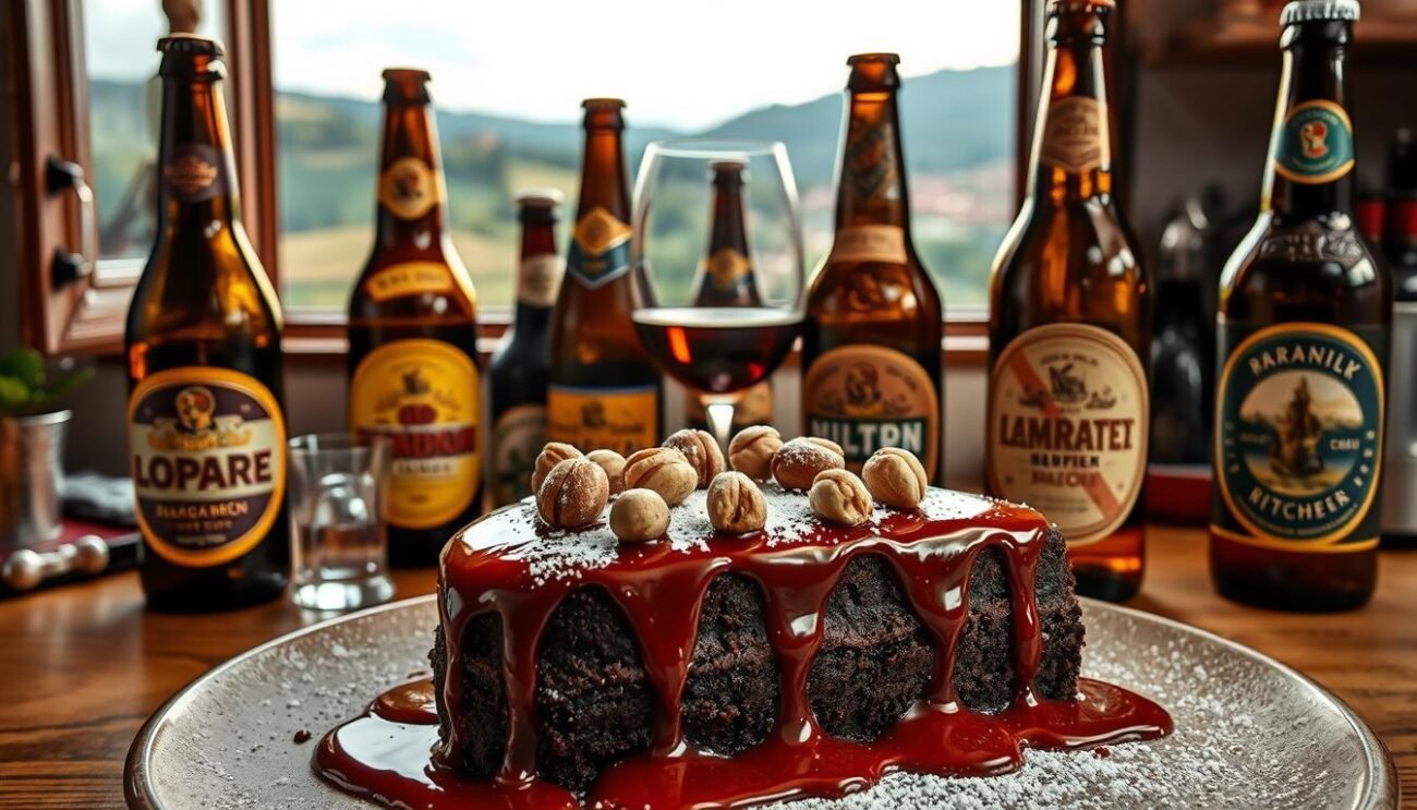 A decadent, artfully crafted gourmet dessert set against a backdrop of a rustic Italian kitchen. In the foreground, a luscious chocolate cake drizzled with a rich, amber-hued beer reduction, garnished with toasted hazelnuts and a sprinkle of powdered sugar. In the middle ground, a selection of artisanal beer bottles and glasses, their labels and condensation-beaded surfaces reflecting the warm, ambient lighting. The background features an open window overlooking a picturesque Italian countryside, with rolling hills and a distant village skyline. The overall scene conveys a sense of indulgence, craftsmanship, and the perfect pairing of gourmet desserts and premium beers.