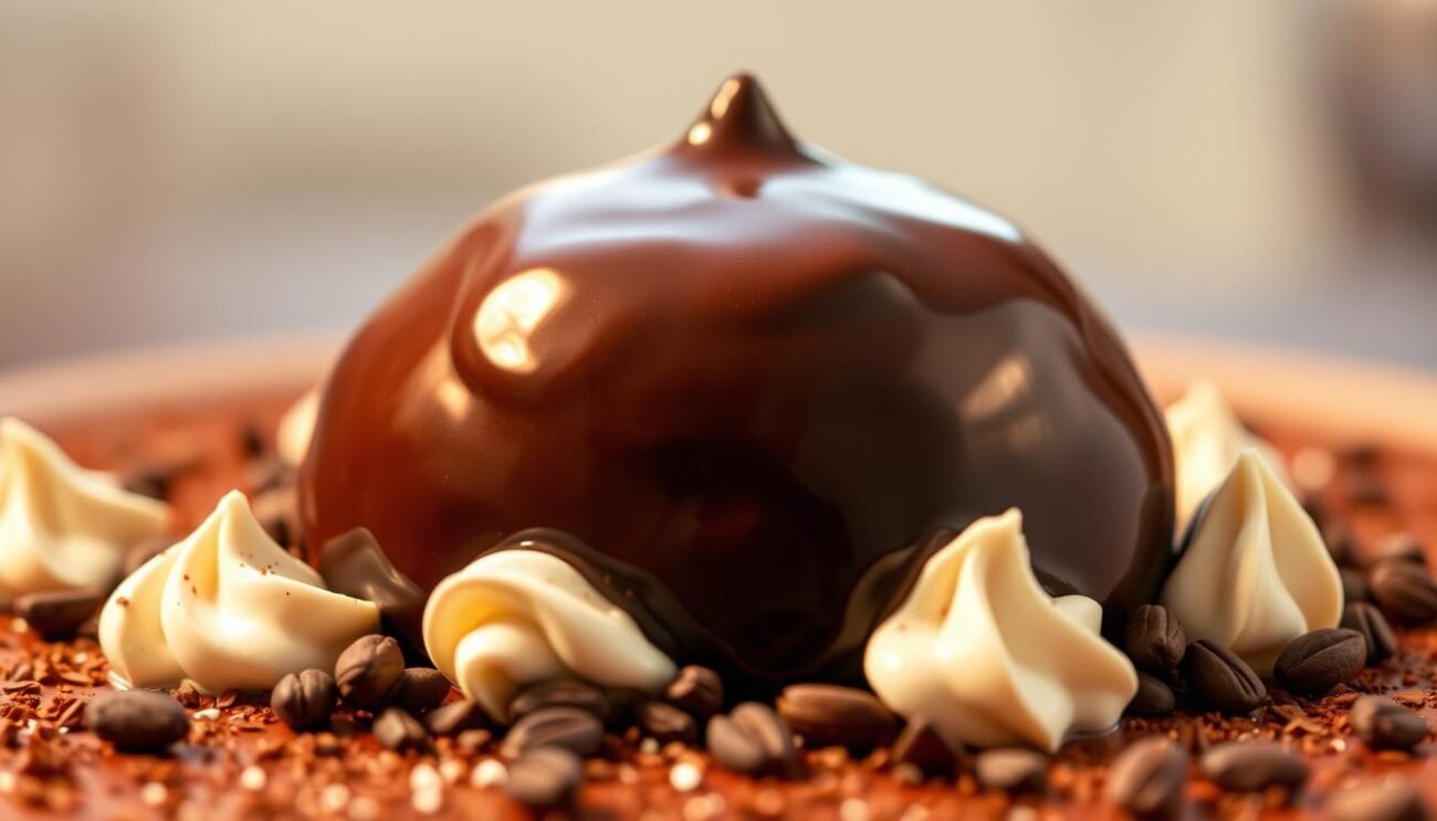 A decadent, glossy mound of dark chocolate ganache, its rich, velvety texture gleaming under warm, diffused lighting. Surrounding it, a scattering of cocoa nibs and freshly whipped cream, their colors and textures contrasting beautifully. The scene is captured from a low angle, emphasizing the depth and luxurious quality of the ganache. The background is blurred, keeping the focus on the central confection, a masterpiece of chocolate indulgence.
