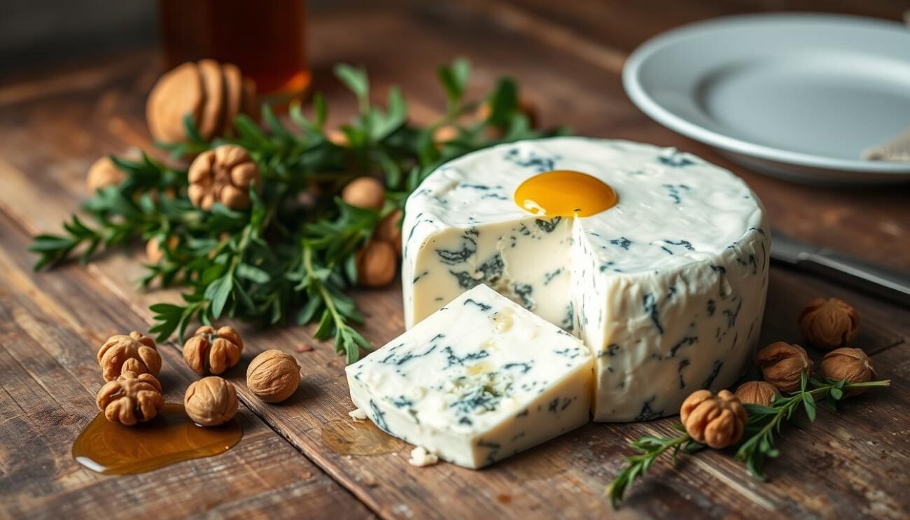 A delectable Gorgonzola cheese wheel rests on a rustic wooden table, surrounded by fresh herbs, walnuts, and a drizzle of honey. The creamy blue-veined cheese is the centerpiece, illuminated by warm, natural lighting that casts a soft glow across the scene. In the background, a simple white plate and cloth napkin suggest an elegant, yet approachable dining setting. The overall composition evokes the comforting, homemade quality of Italian cuisine, inviting the viewer to imagine the perfect pairing of this iconic cheese with crusty bread, a crisp salad, or a glass of robust red wine.
