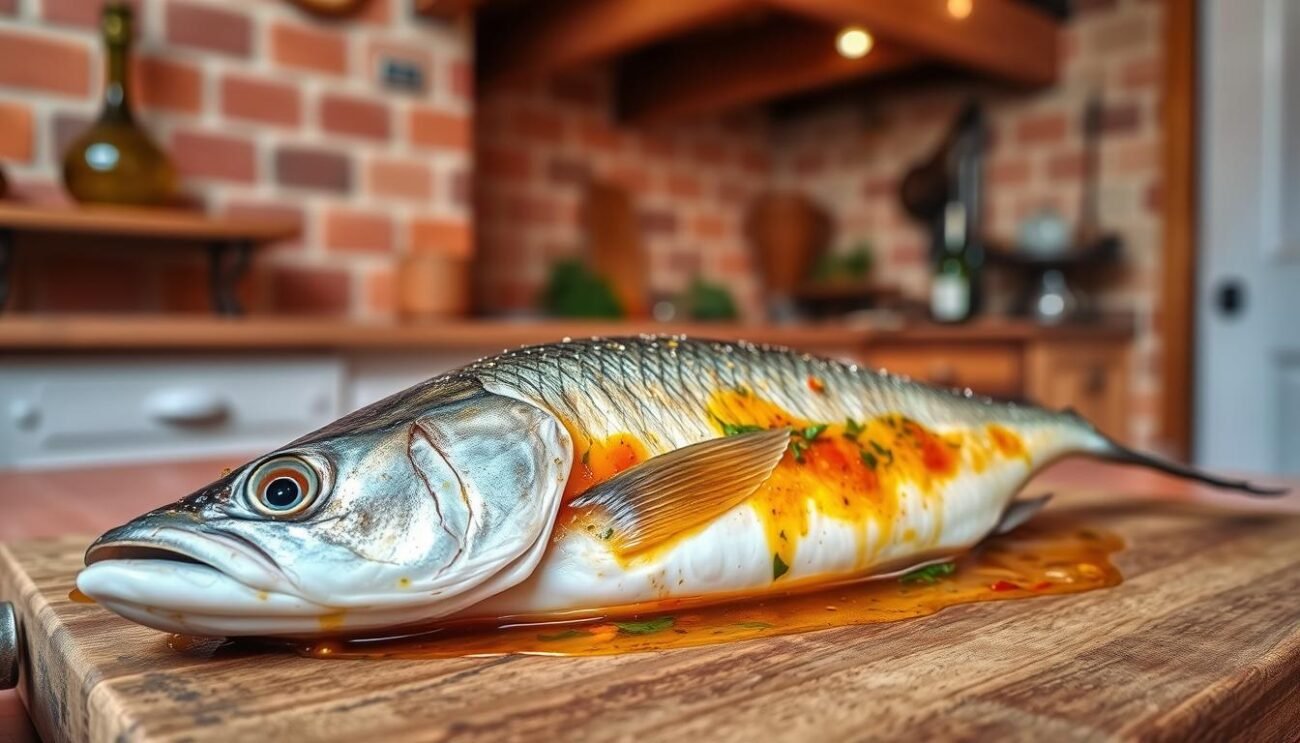 A delectable anguilla in carpione, its silky flesh gently nestled in a vibrant marinade of vinegar, herbs, and spices. The fish, freshly caught and expertly prepared, rests upon a wooden board, its scales glistening under the warm, soft lighting. In the background, a rustic Italian kitchen comes into focus, with terracotta tiles and weathered wooden beams evoking the rich culinary traditions of the Marche region. The overall mood is one of simplicity, tradition, and the appreciation of fine, local ingredients. This captivating image captures the essence of the "Anguilla in Carpione Marchigiana" - a true taste of Italy's enduring gastronomic heritage. A delectable anguilla in carpione, its silky flesh gently nestled in a vibrant marinade of vinegar, herbs, and spices. The fish, freshly caught and expertly prepared, rests upon a wooden board, its scales glistening under the warm, soft lighting. In the background, a rustic Italian kitchen comes into focus, with terracotta tiles and weathered wooden beams evoking the rich culinary traditions of the Marche region. The overall mood is one of simplicity, tradition, and the appreciation of fine, local ingredients. This captivating image captures the essence of the "Anguilla in Carpione Marchigiana" - a true taste of Italy's enduring gastronomic heritage.