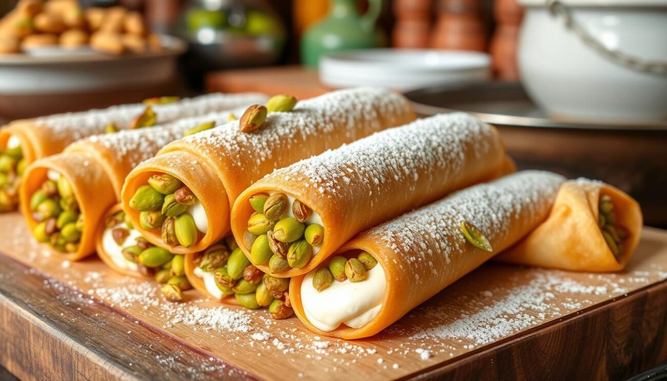 A delectable arrangement of freshly prepared cannoli siciliani dietetici, adorned with a rich, creamy filling of luscious ricotta and vibrant pistachios. The perfectly formed shells, golden and crisp, catch the warm Mediterranean light, casting subtle shadows that accentuate their artisanal craftsmanship. The image is set against a backdrop of a rustic Italian kitchen, with wooden surfaces and terracotta tiles, creating a cozy and authentic atmosphere. The cannoli are presented with care, their ends dusted with a light sprinkling of powdered sugar, lending a refined and inviting touch to the scene. This image perfectly captures the essence of the "Preparazione dei Cannoli Siciliani Dietetici" section, showcasing the delightful and guilt-free indulgence of this beloved Sicilian delicacy.