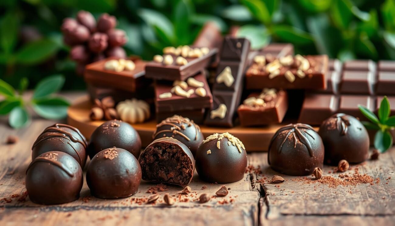 A delectable arrangement of gourmet chocolate confections, artfully presented on a rustic wooden table. In the foreground, a selection of rich, dark chocolate truffles, their velvety surfaces glistening under soft, warm lighting. In the middle ground, a tempting display of homemade chocolate bars, infused with fragrant spices and aromatic ingredients. The background features a backdrop of lush, green foliage, hinting at the natural origins of the cocoa beans used in these decadent creations. The overall mood is one of indulgence and culinary craftsmanship, capturing the essence of classic Italian chocolate-based desserts.