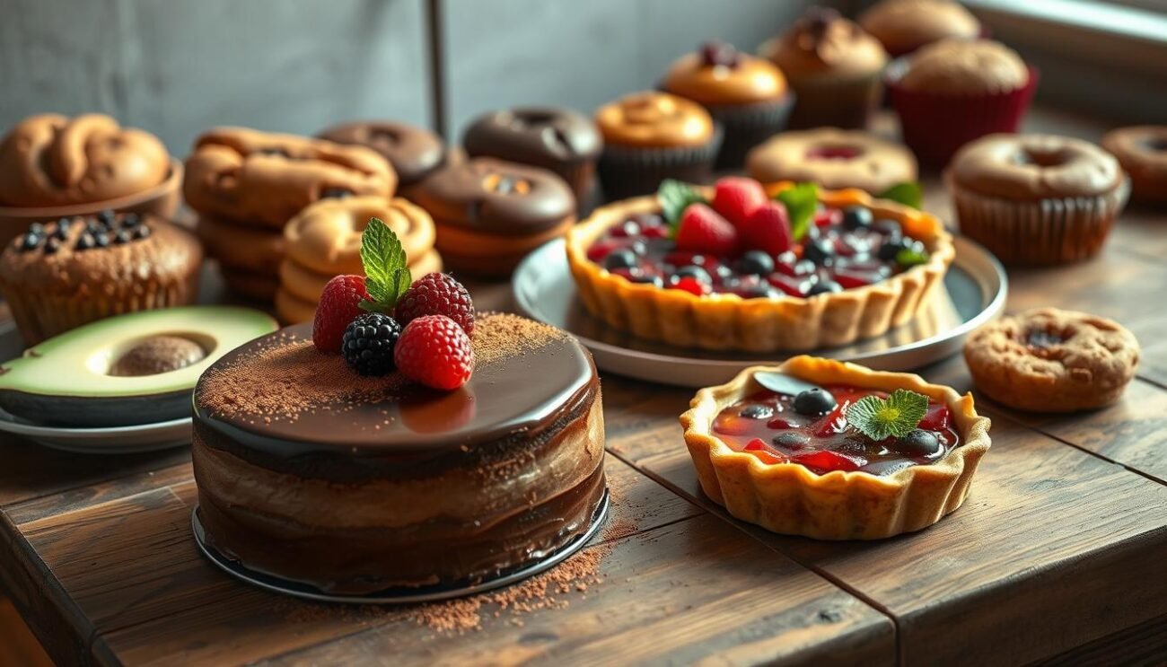 A delectable assortment of alternative vegan desserts, beautifully arranged on a rustic wooden table. In the foreground, a creamy, rich-looking chocolate cake made with silky smooth avocado instead of eggs, garnished with fresh berries and a light dusting of cocoa powder. Beside it, an elegant tart with a vibrant, jammy fruit filling encased in a tender, flaky crust, crafted entirely from plant-based ingredients. In the background, an array of tempting vegan cookies, muffins, and cupcakes, each one a testament to the versatility of egg-free baking. Warm, natural lighting casts a soft glow over the scene, creating an inviting and appetizing atmosphere. The overall presentation is visually stunning, showcasing the endless possibilities of satisfying vegan desserts. A delectable assortment of alternative vegan desserts, beautifully arranged on a rustic wooden table. In the foreground, a creamy, rich-looking chocolate cake made with silky smooth avocado instead of eggs, garnished with fresh berries and a light dusting of cocoa powder. Beside it, an elegant tart with a vibrant, jammy fruit filling encased in a tender, flaky crust, crafted entirely from plant-based ingredients. In the background, an array of tempting vegan cookies, muffins, and cupcakes, each one a testament to the versatility of egg-free baking. Warm, natural lighting casts a soft glow over the scene, creating an inviting and appetizing atmosphere. The overall presentation is visually stunning, showcasing the endless possibilities of satisfying vegan desserts.