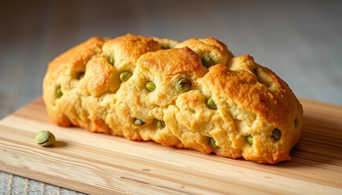 A delectable biscotto al pistacchio, freshly baked with a golden-brown crust and a mouthwatering aroma. The pistachio nuts are finely chopped, lending a vibrant green hue and a rich, nutty flavor to the buttery dough. The biscuit is presented on a simple wooden board, allowing its natural elegance to shine. Soft diffused lighting casts a warm glow, highlighting the intricate texture and the subtle sheen of the surface. The biscotto al pistacchio is the centerpiece of this refined still-life composition, inviting the viewer to savor its delectable qualities.
