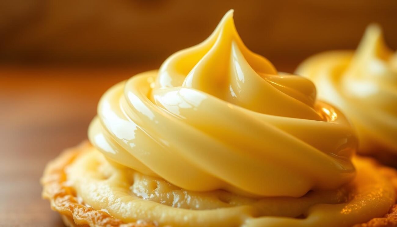 A delectable, creamy protein-rich custard filling, crafted with organic eggs and milk. Glistening, with a smooth, silky texture, it sits atop a golden puff pastry base. Soft, pillowy peaks of the custard cascade gracefully, inviting a decadent indulgence. Warm lighting casts a gentle glow, highlighting the rich, velvety hues. The image emanates a comforting, homemade atmosphere, perfectly capturing the essence of a "Crema Pasticcera Proteica" - a delightful, guilt-free treat.
