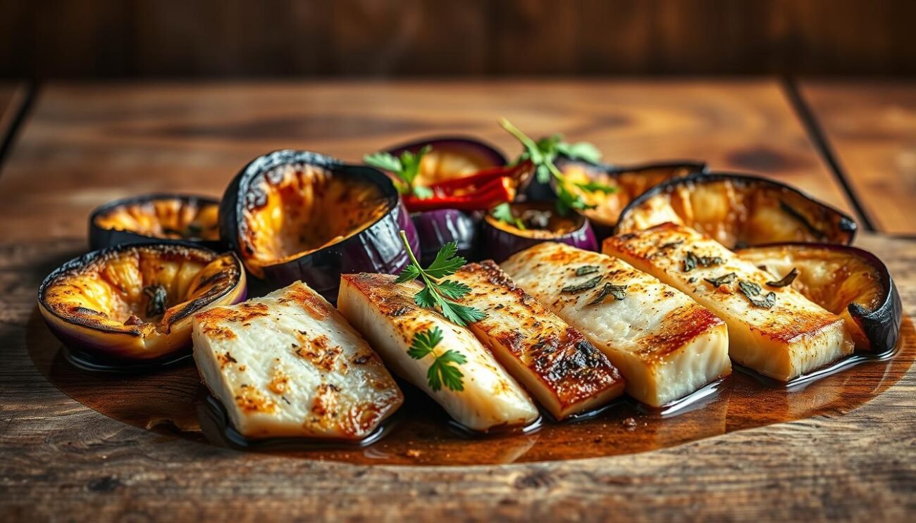 A delectable dish of swordfish and eggplant, perfectly balanced in an Eastern-inspired preparation. In the foreground, thick slices of tender swordfish sear over a flickering flame, their surfaces caramelized to a golden brown. Surrounding them, vibrant purple eggplant wedges, roasted to perfection, exude a smoky aroma. In the middle ground, a medley of fragrant spices - cumin, coriander, and chili - add depth and complexity to the composition. The background features a rustic wooden table, its weathered surface complementing the earthy tones of the dish. Warm, diffused lighting casts a soft, golden glow, evoking the comforting atmosphere of a traditional Italian kitchen. The overall scene is a harmonious blend of Mediterranean flavors and Eastern influences, capturing the essence of the "Pesce Spada alla Siciliana" culinary tradition.