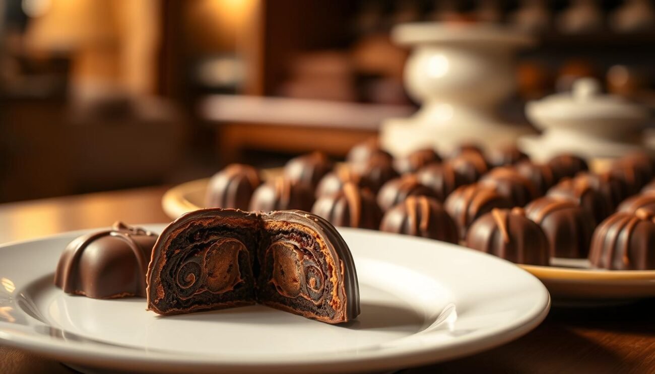 A delectable display of rich, velvety chocolate, artfully crafted into an exquisite confection. The warm, golden light caresses the smooth, glossy surface, revealing intricate patterns and subtle sheen. In the foreground, a single, decadent piece sits atop a pristine, white plate, its cross-section exposing the luscious, molten center. The middle ground showcases an array of expertly tempered, hand-crafted chocolate truffles, each a miniature work of edible art. In the background, a softly blurred, Italian-inspired setting evokes the timeless elegance of a traditional pasticceria. The overall scene exudes a sense of indulgence, craftsmanship, and the timeless allure of the iconic "cioccolato" – a true testament to the refinement of Italian confectionary art.