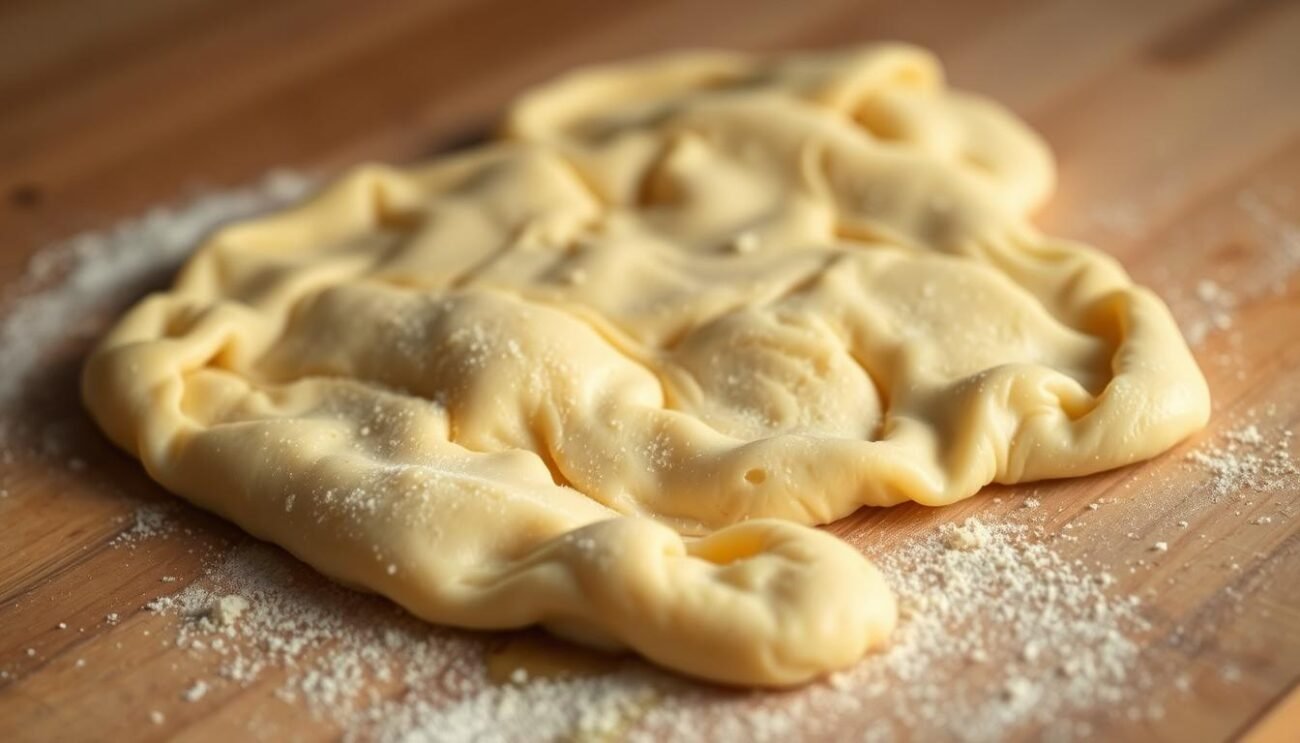 A delectable homemade pasta frolla dough, crafted without any added sugar, lies neatly arranged on a clean, wooden surface. The dough, a pale golden hue, has a smooth, pliable texture, ready to be rolled out and shaped into traditional Italian pastries. In the foreground, a dusting of alternative sweeteners, such as honey or maple syrup, suggests the natural, unrefined approach to this sugar-free recipe. The muted, warm lighting casts a soft glow, evoking the comforting, homespun atmosphere of an Italian kitchen. The overall scene conveys the simplicity and healthfulness of this reimagined pasta frolla, perfect for the discerning home baker seeking a guilt-free indulgence.