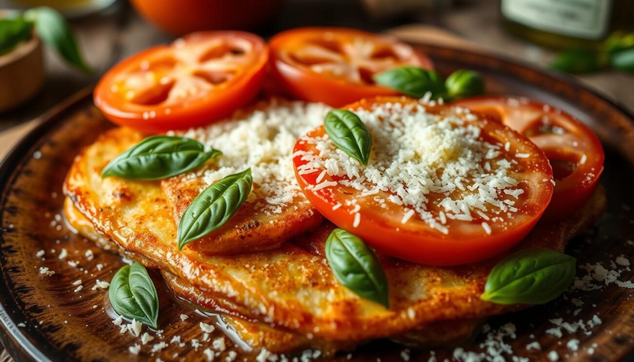 A delectable parmigiana di alici, a captivating coastal Campanian dish. In the foreground, golden-brown fried anchovy fillets are layered with slices of ripe, juicy tomatoes and fragrant basil leaves. The middle ground showcases grated Parmigiano-Reggiano cheese, melted and bubbling, creating a rich, savory harmony. In the background, a rustic wooden table sets the scene, with a hint of lemon zest and a drizzle of premium olive oil adding depth and complexity to this authentic Italian delicacy. Soft, warm lighting and a slightly tilted camera angle enhance the dish's inviting presentation, capturing the essence of this traditional and mouthwatering coastal cuisine.