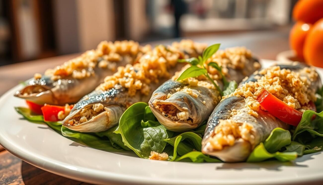 A delectable plate of Sarde a Beccafico, the authentic Sicilian dish. Plump, juicy sardines stuffed with a fragrant breadcrumb filling, lightly fried to a golden crisp. The sardines rest atop a bed of vibrant green spinach leaves, accented with the warm hues of roasted red bell peppers. Soft, buttery textures intertwine with the briny, savory flavors. Backlighting casts a warm glow, highlighting the dish's rustic, homemade appeal. The scene evokes the sun-drenched streets of a Sicilian coastal town, where this treasured recipe has been passed down through generations. A delectable plate of Sarde a Beccafico, the authentic Sicilian dish. Plump, juicy sardines stuffed with a fragrant breadcrumb filling, lightly fried to a golden crisp. The sardines rest atop a bed of vibrant green spinach leaves, accented with the warm hues of roasted red bell peppers. Soft, buttery textures intertwine with the briny, savory flavors. Backlighting casts a warm glow, highlighting the dish's rustic, homemade appeal. The scene evokes the sun-drenched streets of a Sicilian coastal town, where this treasured recipe has been passed down through generations.